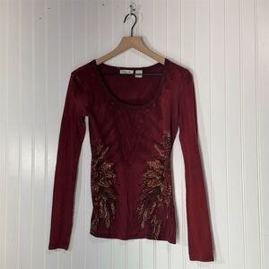 Miss Me Burgundy Rhinestone Graphic Top M Boho Glam Y2K Western Floral Shirt